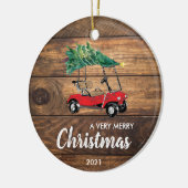 Red Golf Cart met kerstversiering met bomen Keramisch Ornament (Links)