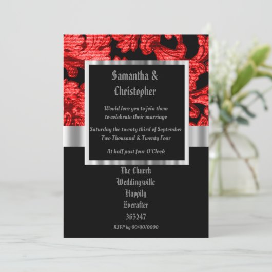 Red Gothic damask wedding foto uitnodiging (Staand voorkant)