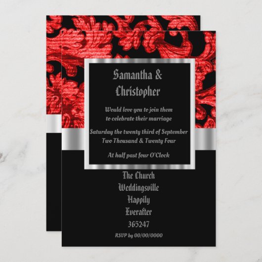Red Gothic damask wedding foto uitnodiging (Voorkant / Achterkant)