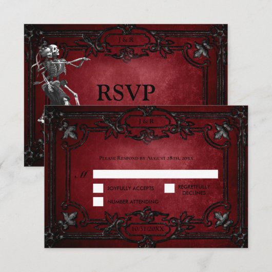 Red Gothic Halloween Alternative Wedding RSVP Card Kaartje (Voorkant / Achterkant)