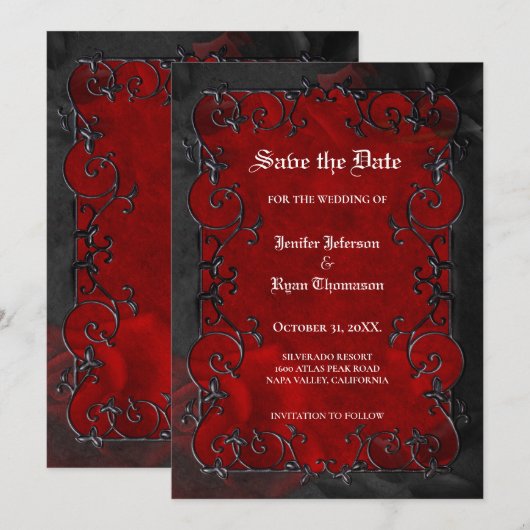Red Gothic halloween wedding save the date Aankondiging (Voorkant / Achterkant)