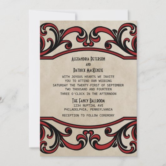 Red Gothic Swirls Wedding Invite Kaart (Voorkant)