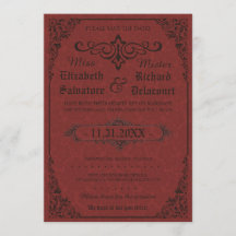 Red Gothic Victoriaans Damask Save the Dates