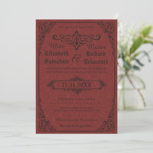 Red Gothic Victoriaans Damask Save the Dates Save The Date (Staand voorkant)