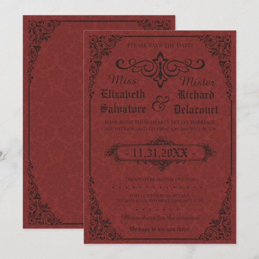 Red Gothic Victoriaans Damask Save the Dates Save The Date (Voorkant / Achterkant)
