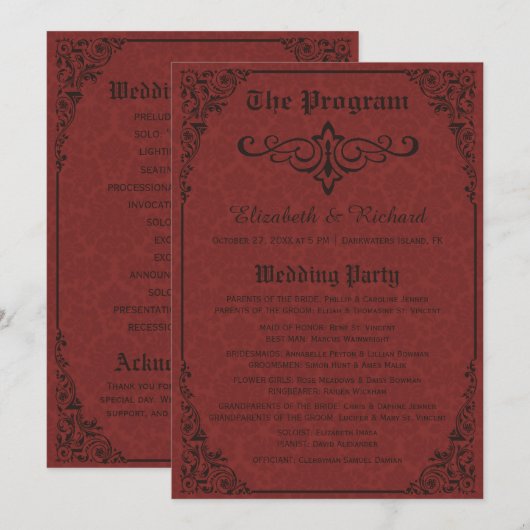 Red gothic Victoriaans Damask Wedding Programma's (Voorkant / Achterkant)