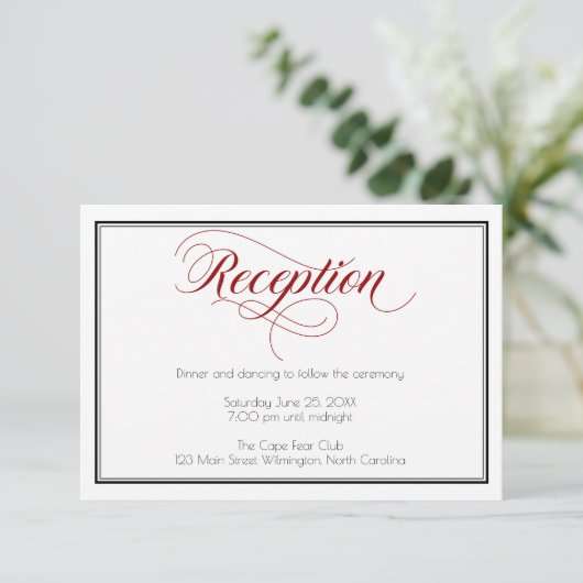 Red Graceful Script Wedding Reception Kaart (Staand voorkant)
