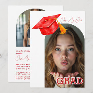Red Graduation Hat Accent Dual‑Photo QR Code Kaart