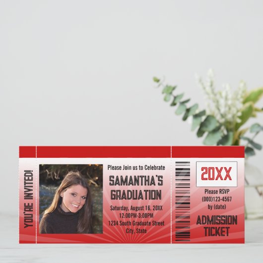 Red Graduation Party Ticket Invitation Kaart (Staand voorkant)