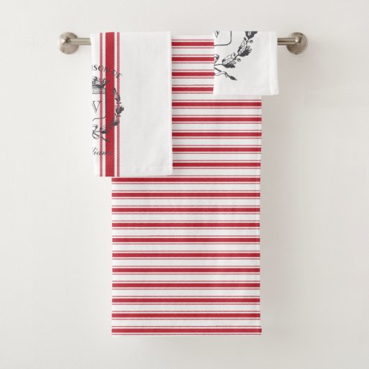 Red Grain Sack Stripe  Family Crest Bad Handdoek (Insitu)