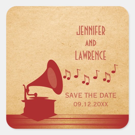Red Gramophone Save the Date Stickers (Voorkant)
