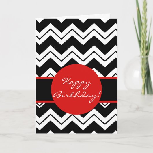 Red Graphic Black & White Zizzag Chevron Birthday Kaart (Voorkant)