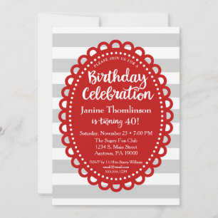 Red Gray Birthday Invitation Adult Breed Stripe Kaart