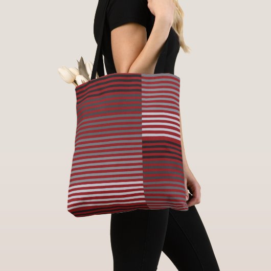 Red, Gray, Black, White Stripes Tote Bag (Dichtbij)