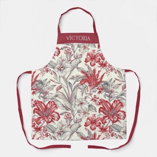 Red & Gray Floral Toile Shabby Chic Personalized Schort (Voorkant)