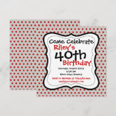 Red Gray Polka Dots 40th Birthday Party Invitation Kaart (Voorkant / Achterkant)