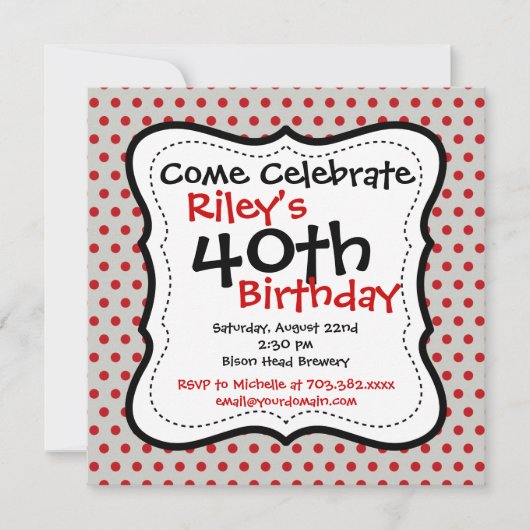 Red Gray Polka Dots 40th Birthday Party Invitation Kaart (Voorkant)