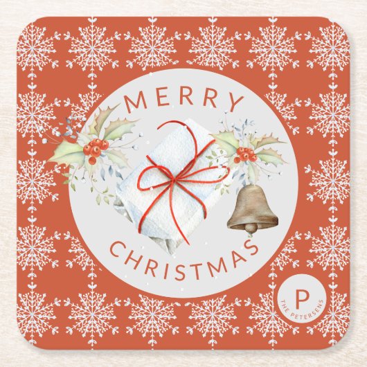 Red Gray Snowflake kerstinkwart kerstmanogram Kartonnen Onderzetters (Voorkant)