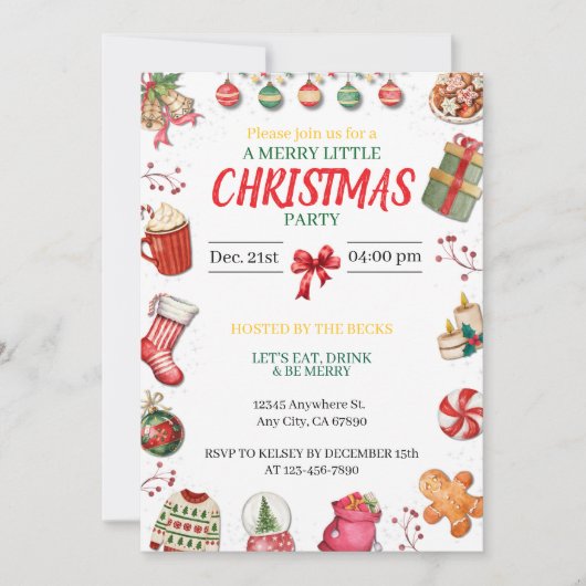 Red, Green and Gold Christmas Invitation Kaart (Voorkant)