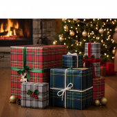 Red, Green, and Grey Tartan Wrapping Paper Flat 