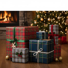 Red, Green, and Grey Tartan Wrapping Paper Flat