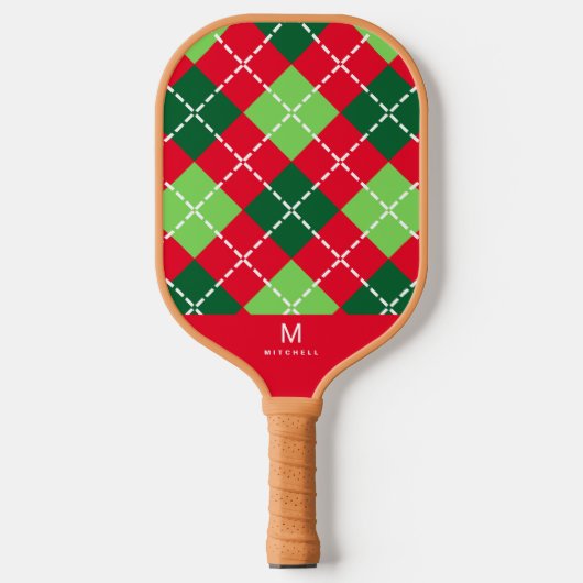 Red Green Argyle Diamonds Monogram Pickleball Paddle (Voorkant)