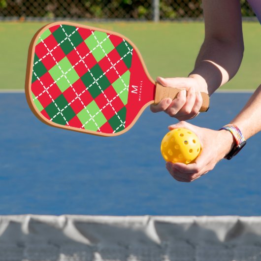 Red Green Argyle Diamonds Monogram Pickleball Paddle (Insitu)