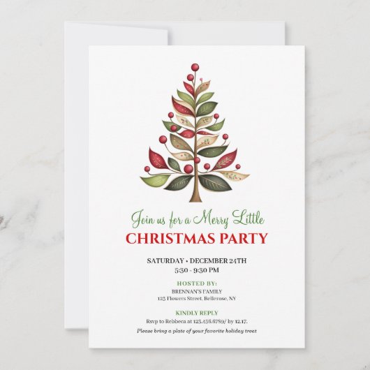 Red green artistic Christmas tree dinner invites Kaart (Voorkant)
