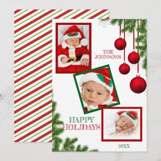 Red Green Baubles Kerstmis Prettige feestdagen FOT Feestdagenkaart (Voorkant / Achterkant)