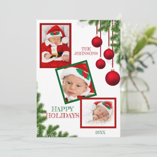 Red Green Baubles Kerstmis Prettige feestdagen FOT Feestdagenkaart (Staand voorkant)