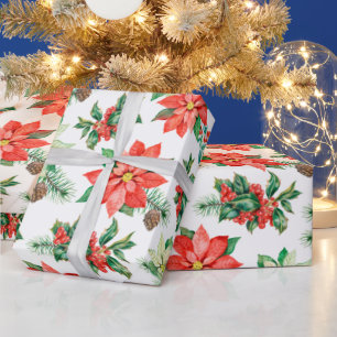 Red Green Berries Poinsettia Floral Kerstmis Cadeaupapier