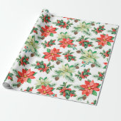 Red Green Berries Poinsettia Floral Kerstmis Cadeaupapier (Uitgerold)