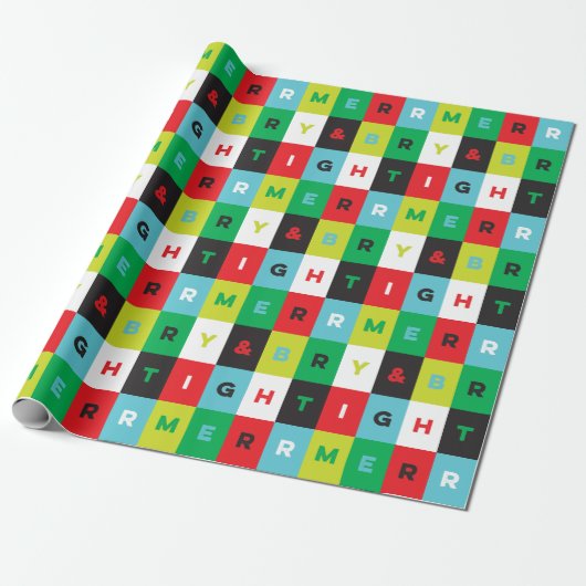 Red Green Black Blue Merry and Bright Checkers Cadeaupapier (Uitgerold)