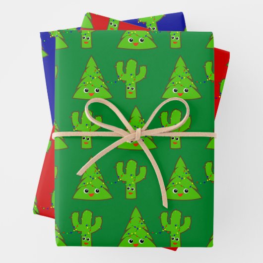 Red Green Blue Cute Tree Cactus Funny Kerstmis Inpakpapier Vel (In situ)