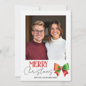 Red, green bow and stripes Merry Christmas photo Feestdagenkaart (Voorkant)