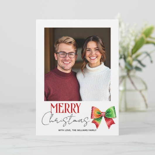 Red, green bow and stripes Merry Christmas photo Feestdagenkaart (Staand voorkant)