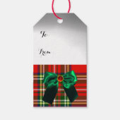 RED GREEN BOWS, SCOTTISH TARTAN EN CHRISTMAS TREE CADEAULABEL (Voorkant)