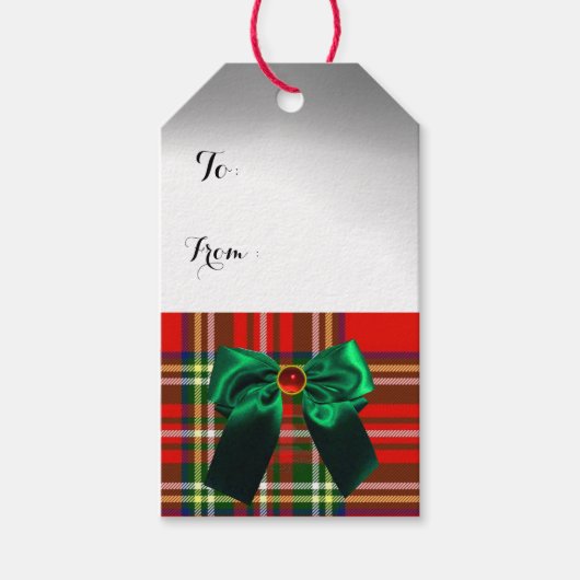 RED GREEN BOWS, SCOTTISH TARTAN EN CHRISTMAS TREE CADEAULABEL (Voorkant)