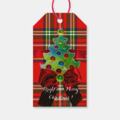 RED GREEN BOWS, SCOTTISH TARTAN EN CHRISTMAS TREE CADEAULABEL (Achterkant)