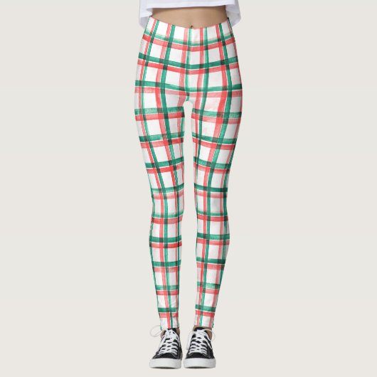 Red Green Check Plaid Christmas Leggings for Women (Voorkant)