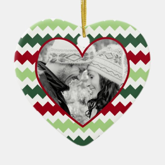 Red Green Chevron Heart Foto met kerstversiering Keramisch Ornament (Voorkant)