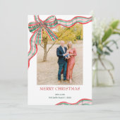 Red & Green Christmas Plaid Bow Photo Feestdagenkaart (Staand voorkant)