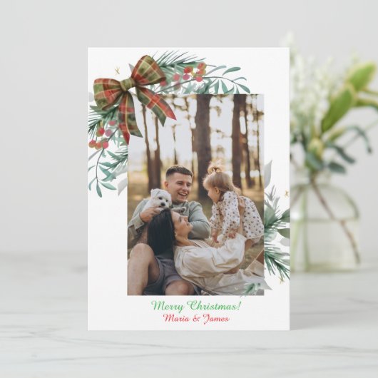 Red Green Christmas Plaid  Photo Holiday Card Kaart (Staand voorkant)