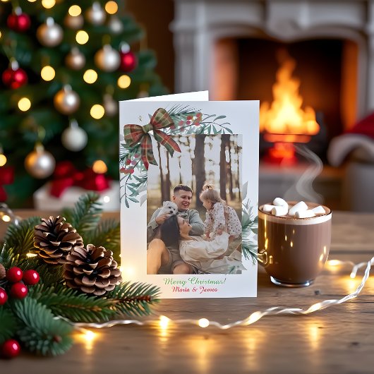 Red Green Christmas Plaid Photo Holiday Card Kaart