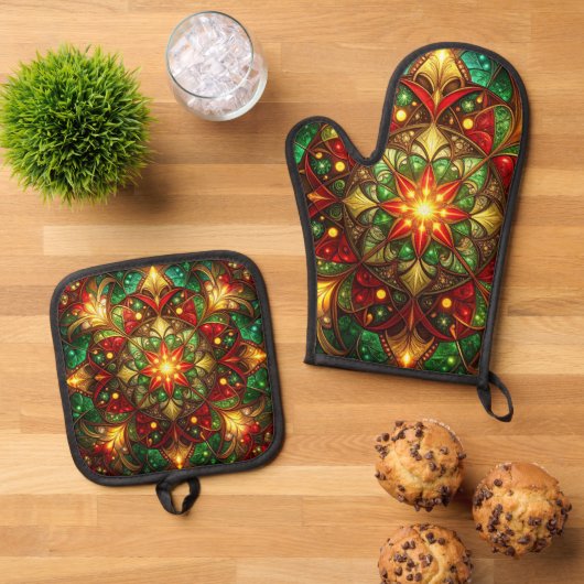 Red Green Decorative Christmas Tree Ovenwant & Pannenlap Set (Top down)