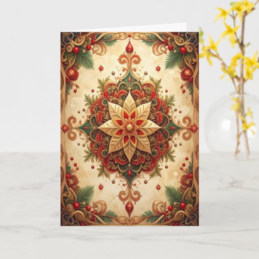 Red Green Decorative Holiday Card Kaart (Gele Bloem)