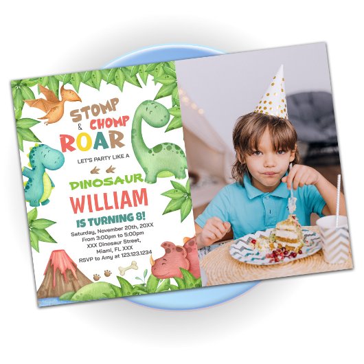 Red Green Dinosaur Birthday Invitations met foto Kaart