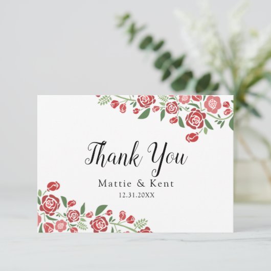 Red Green Elegant Floral Wedding Couple Bedankkaart (Staand voorkant)