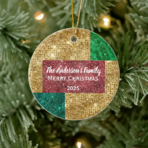Red Green en Gold Glitter familienaam Keramisch Ornament