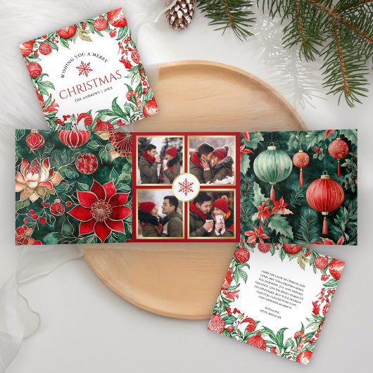 Red Green Feestelijke Chinoiserie 4 Foto Kerstmis Drieluik Wenskaart